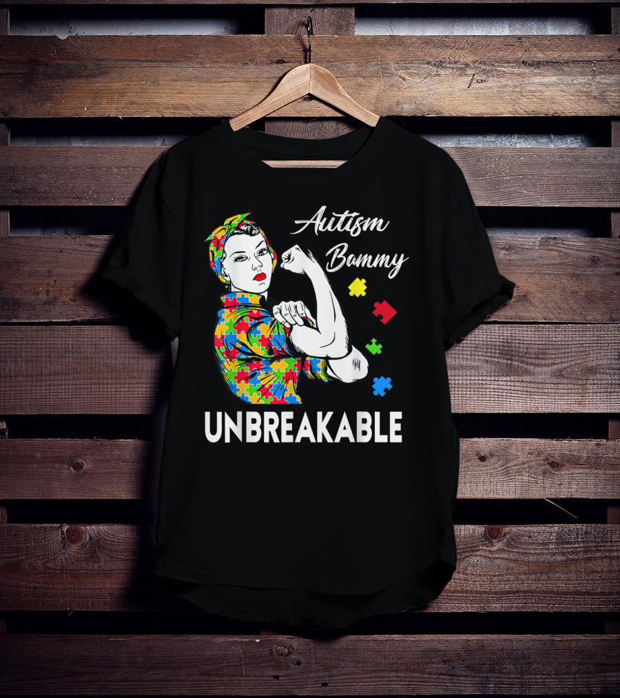Autism Bammy Unbreakable Awareness Puzzle Piece Rosie The Riveter T-Shirt
