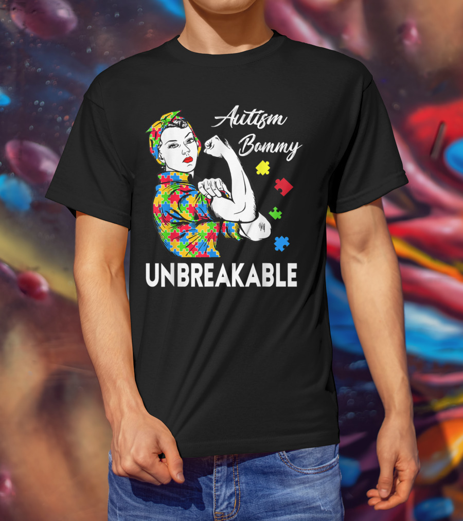 Autism Bammy Unbreakable Awareness Puzzle Piece Rosie The Riveter T-Shirt