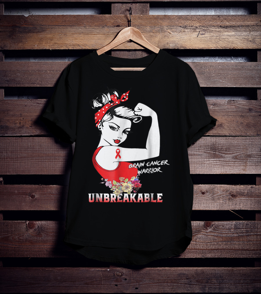 Unbreakable Brain Cancer Warrior With Awareness Ribbon And Floral Accents T-Shirt