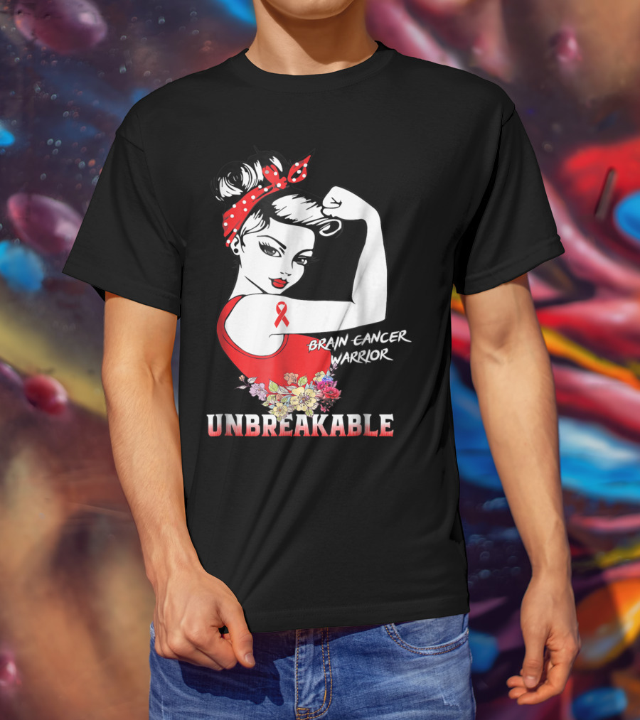 Unbreakable Brain Cancer Warrior With Awareness Ribbon And Floral Accents T-Shirt