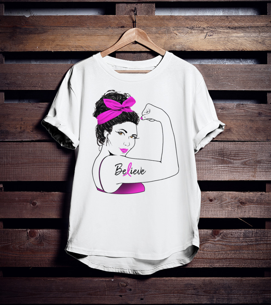 Breast Cancer Believe Unbreakable Rosie Pink Ribbon Power T-Shirt
