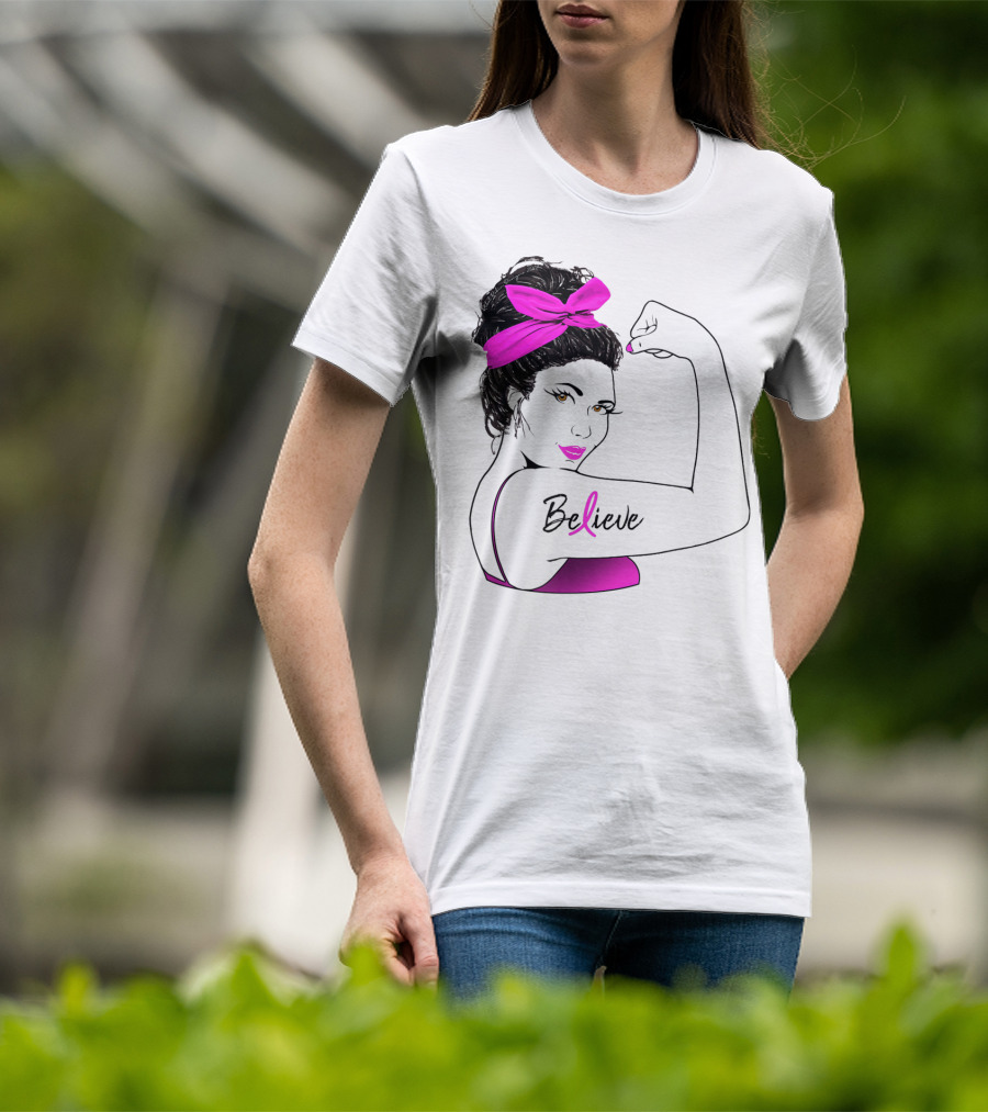 Breast Cancer Believe Unbreakable Rosie Pink Ribbon Power T-Shirt