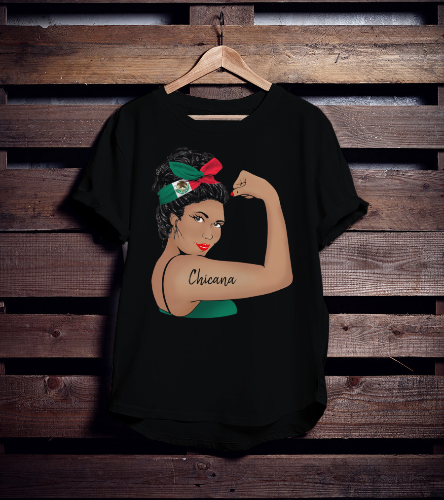 Chicana Girl Flexing With Mexican Flag Hair Wrap Unbreakable Strong T-Shirt