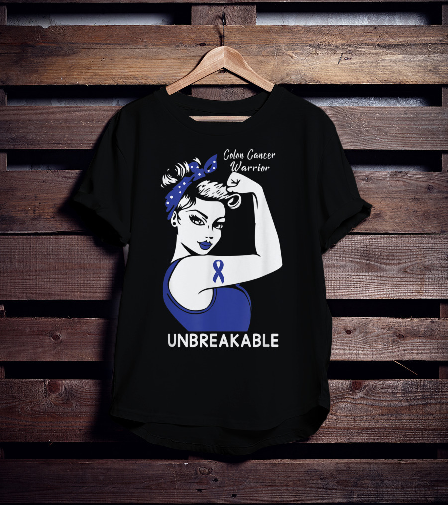 Colon Cancer Warrior Unbreakable Strength Ribbon Rosie The Riveter Inspired T-Shirt