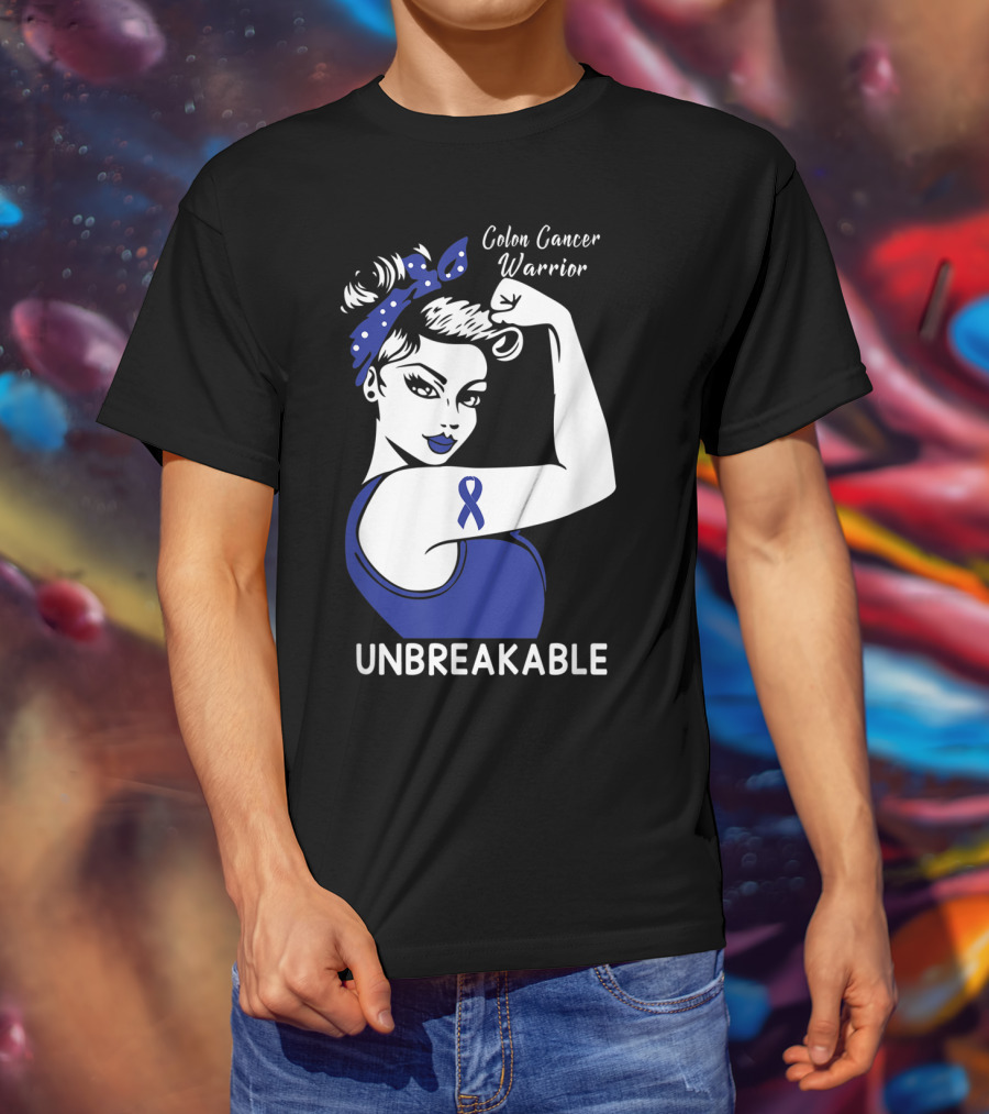 Colon Cancer Warrior Unbreakable Strength Ribbon Rosie The Riveter Inspired T-Shirt