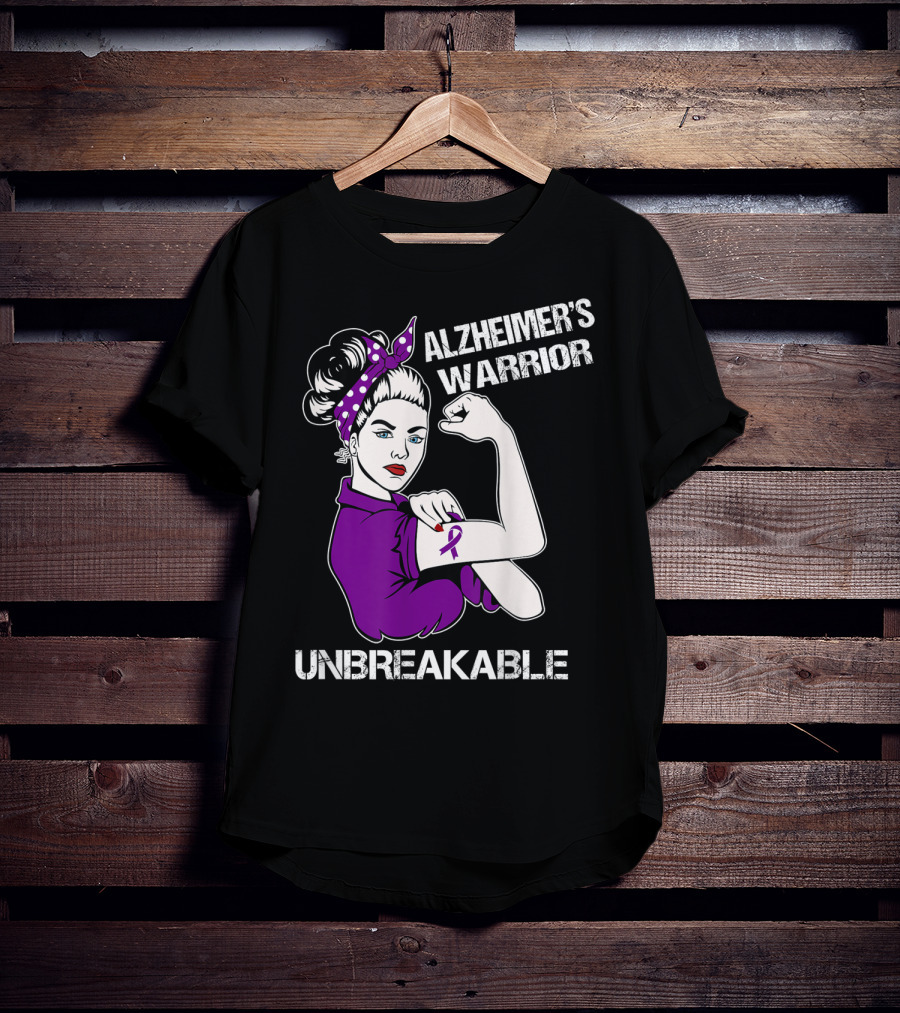 Alzheimer's Warrior Unbreakable Rosie The Riveter Style Purple Awareness T-Shirt