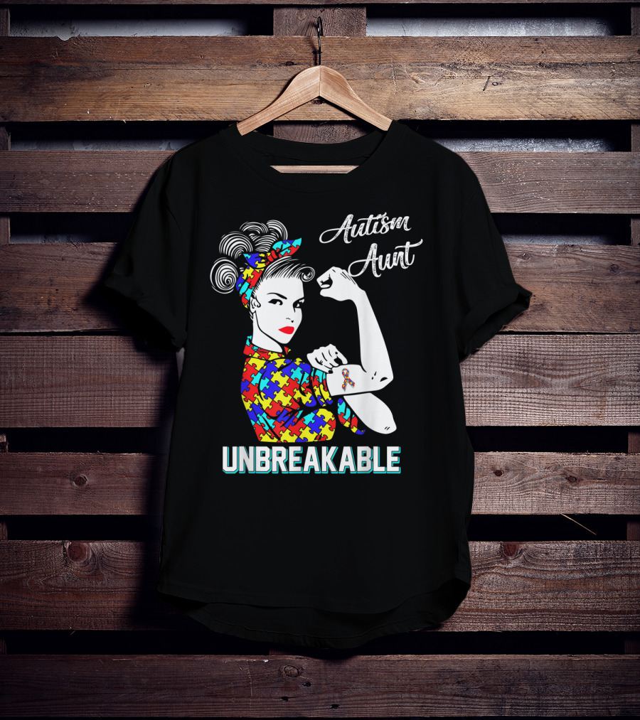 Autism Aunt Unbreakable Rosie The Riveter Puzzle Ribbon Awareness T-Shirt