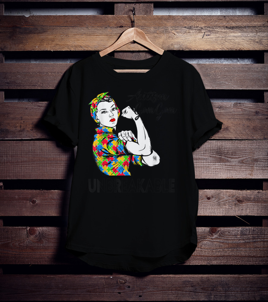 Autism Gam Gam Unbreakable Autism Awareness Puzzle Piece Rosie Flexing T-Shirt
