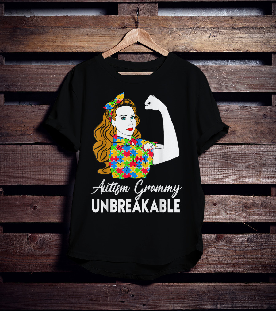 Autism Grammy Unbreakable Rosie Riveter Puzzle Piece Awareness T-Shirt