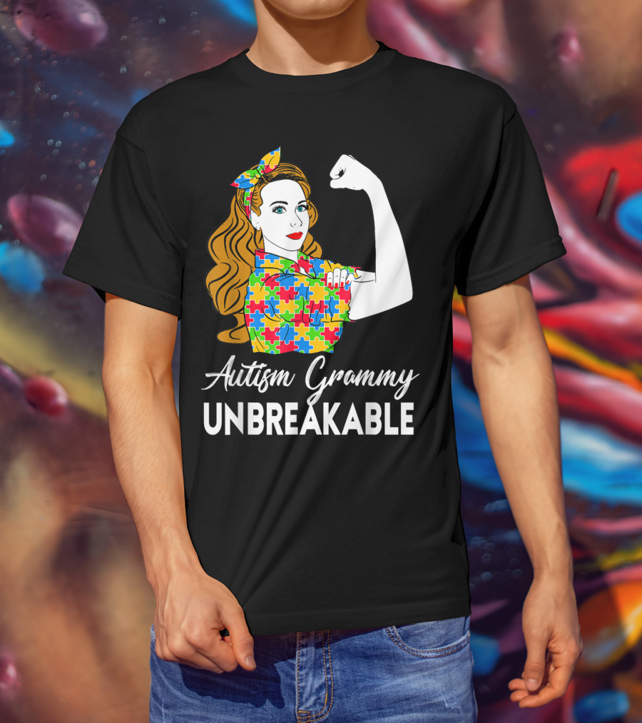 Autism Grammy Unbreakable Rosie Riveter Puzzle Piece Awareness T-Shirt