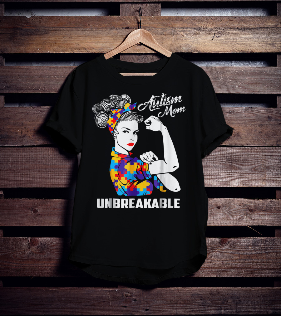 Autism Mom Unbreakable Autism Awareness Rosie The Riveter Puzzle T-Shirt
