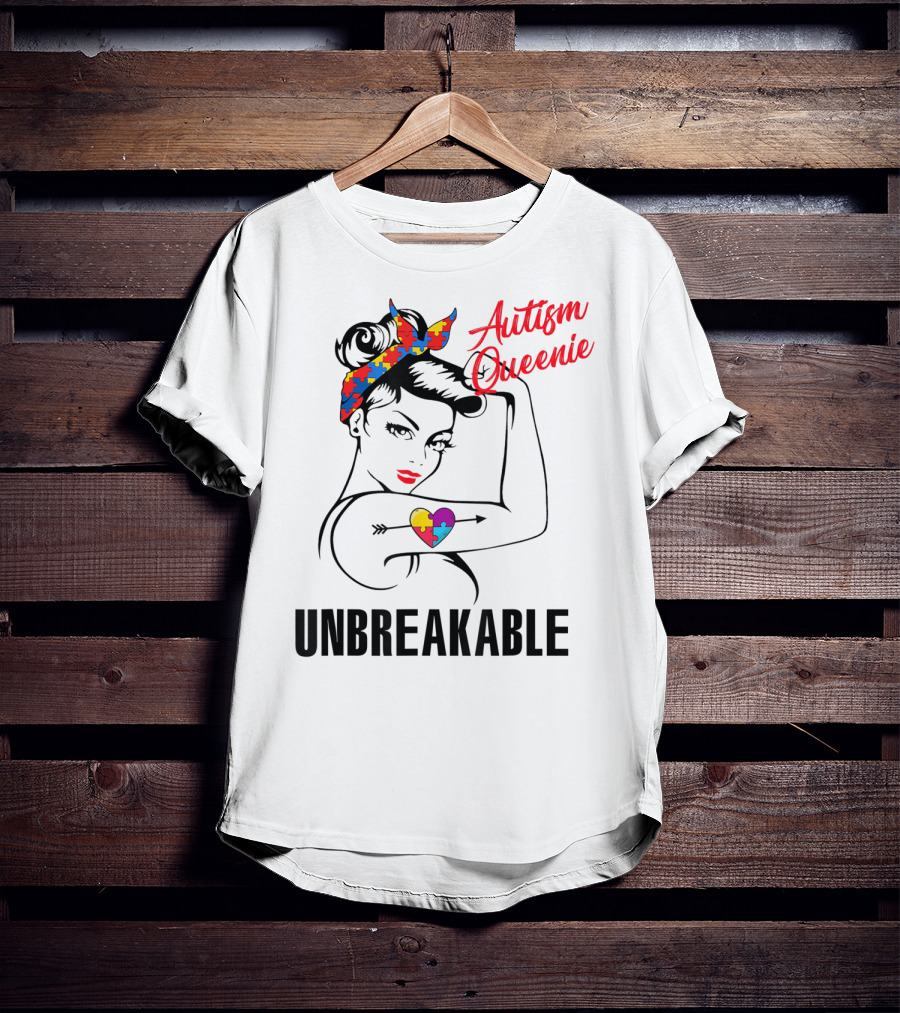 Autism Queenie Unbreakable With Puzzle Heart And Headscarf T-Shirt