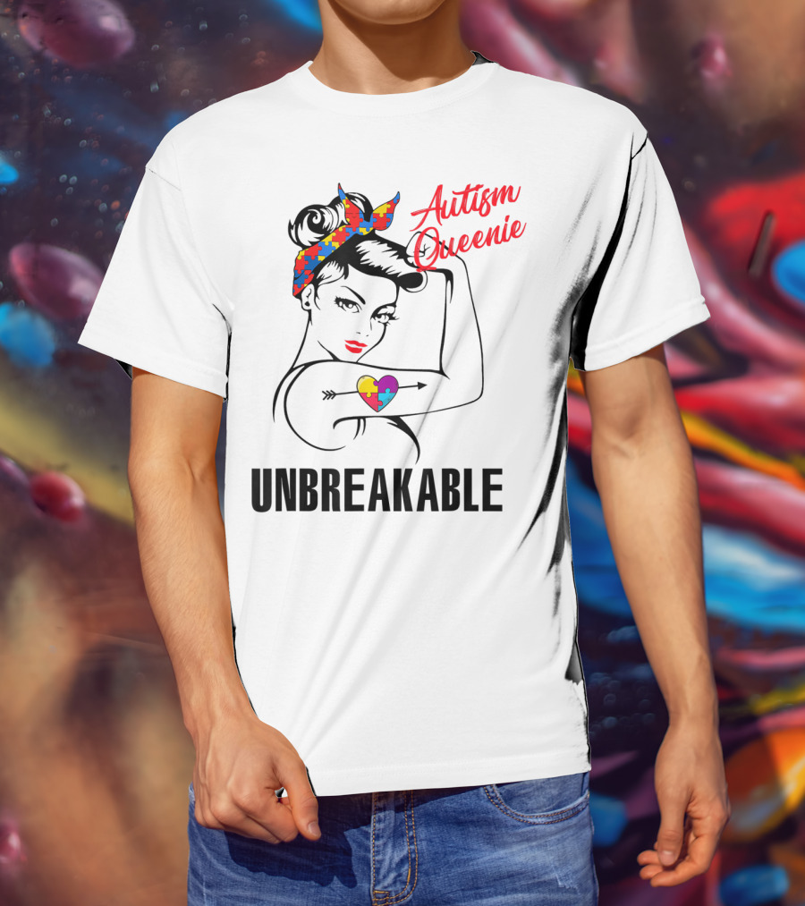 Autism Queenie Unbreakable With Puzzle Heart And Headscarf T-Shirt