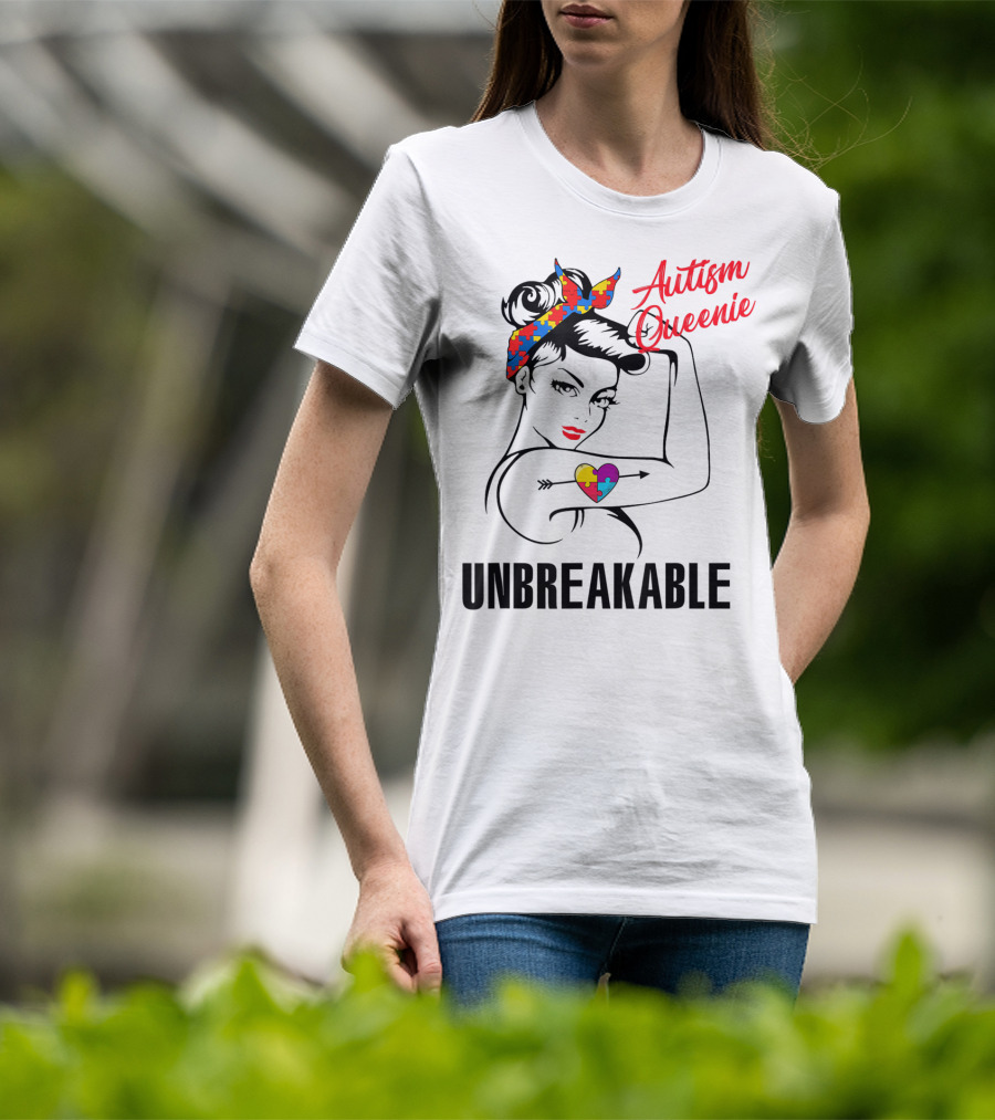Autism Queenie Unbreakable With Puzzle Heart And Headscarf T-Shirt