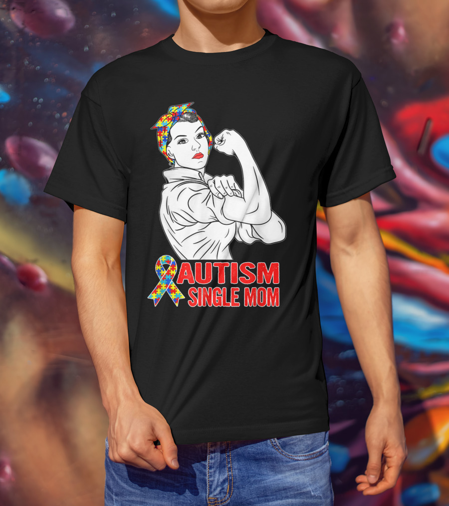 Autism Single Mom Unbreakable Awareness Rosie The Riveter Puzzle T-Shirt