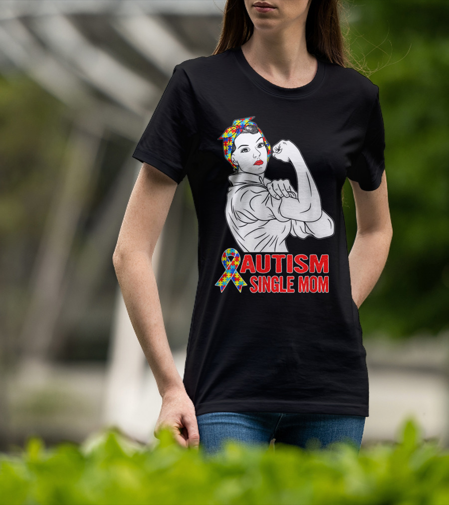 Autism Single Mom Unbreakable Awareness Rosie The Riveter Puzzle T-Shirt