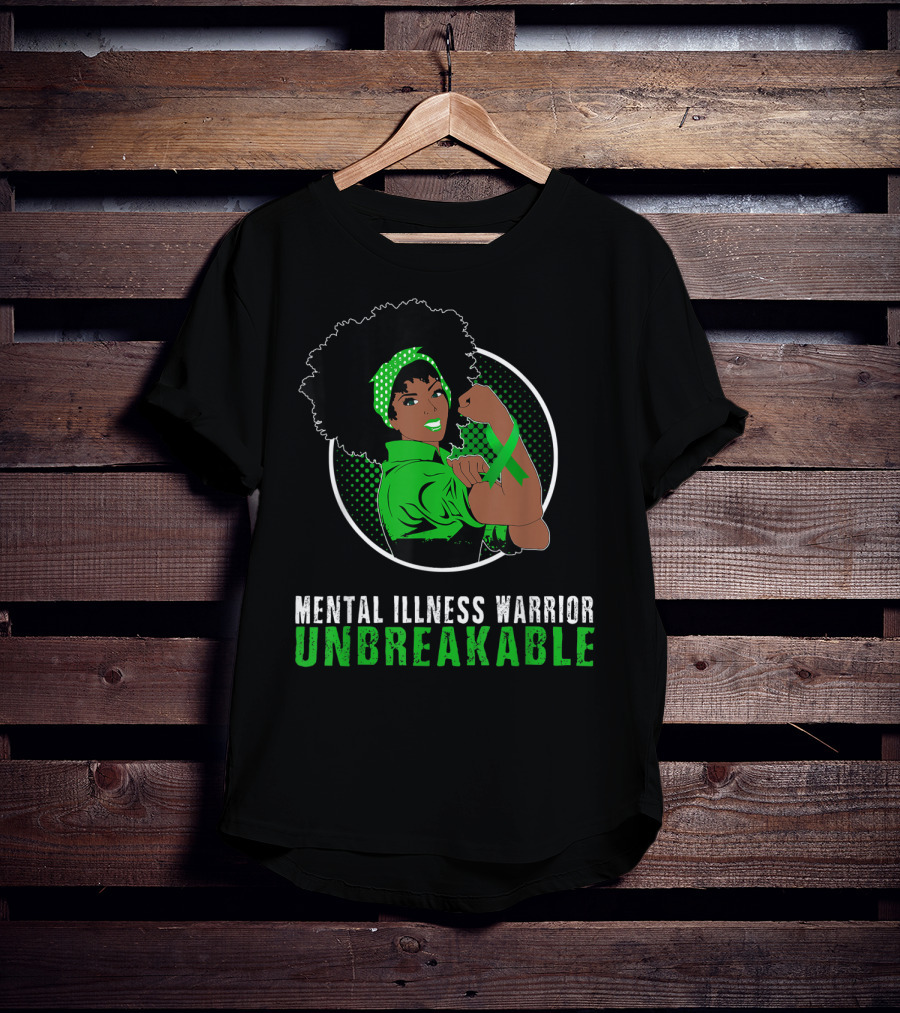 Mental Illness Warrior Unbreakable Empowerment Image With Afro And Green T-Shirt