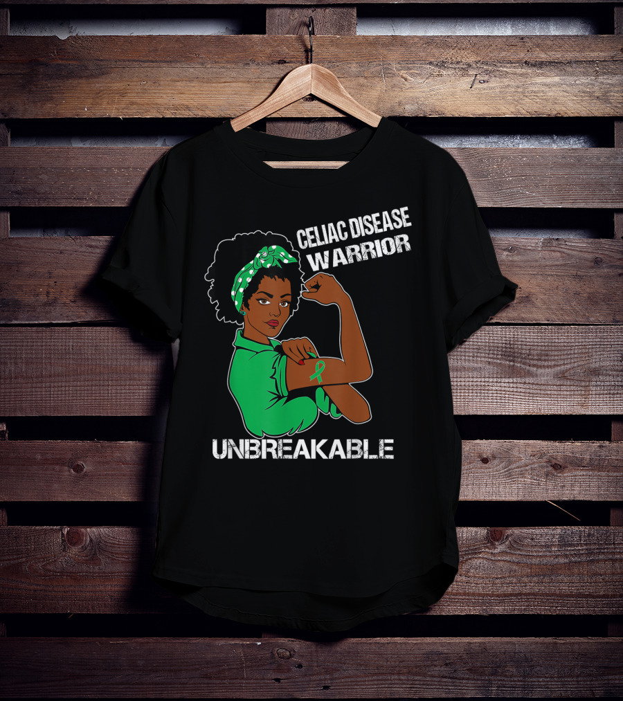 Celiac Disease Warrior Unbreakable With Empowering Arm Pose And Green Awareness T-Shirt