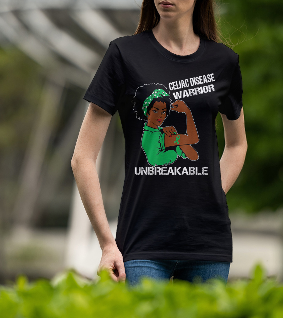 Celiac Disease Warrior Unbreakable With Empowering Arm Pose And Green Awareness T-Shirt