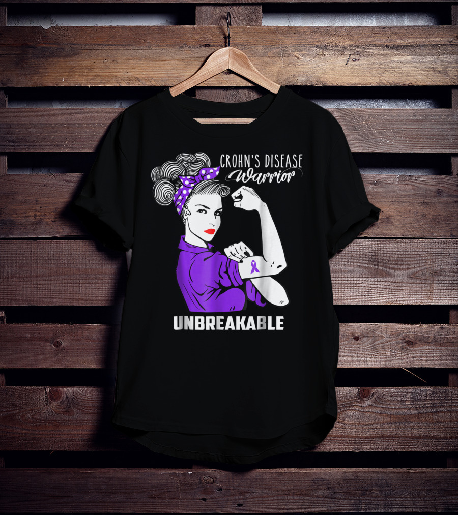 Crohn's Disease Warrior Unbreakable Awareness With Purple Ribbon Rosie The Riveter T-Shirt
