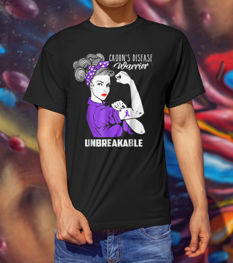 Crohn's Disease Warrior Unbreakable Awareness With Purple Ribbon Rosie The Riveter T-Shirt