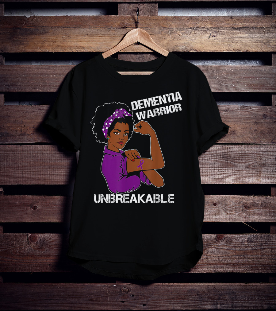 Dementia Warrior Unbreakable Rosie The Riveter Woman With Purple Awareness T-Shirt