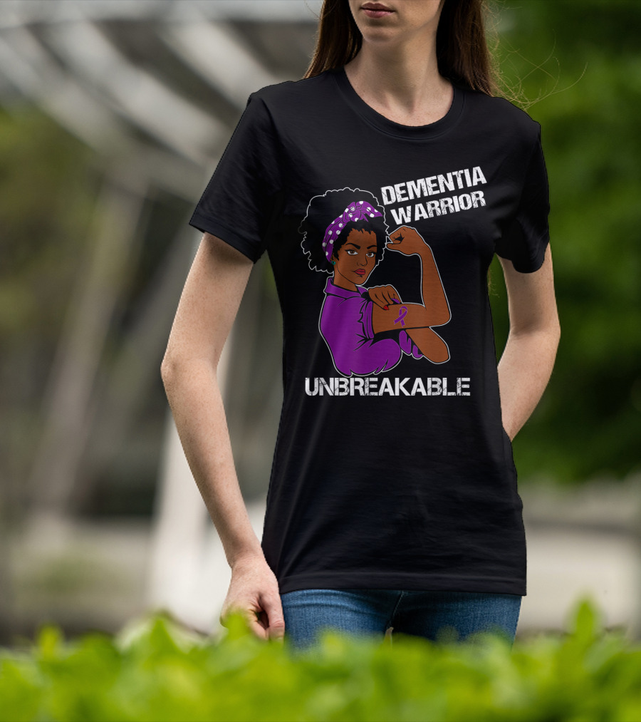 Dementia Warrior Unbreakable Rosie The Riveter Woman With Purple Awareness T-Shirt