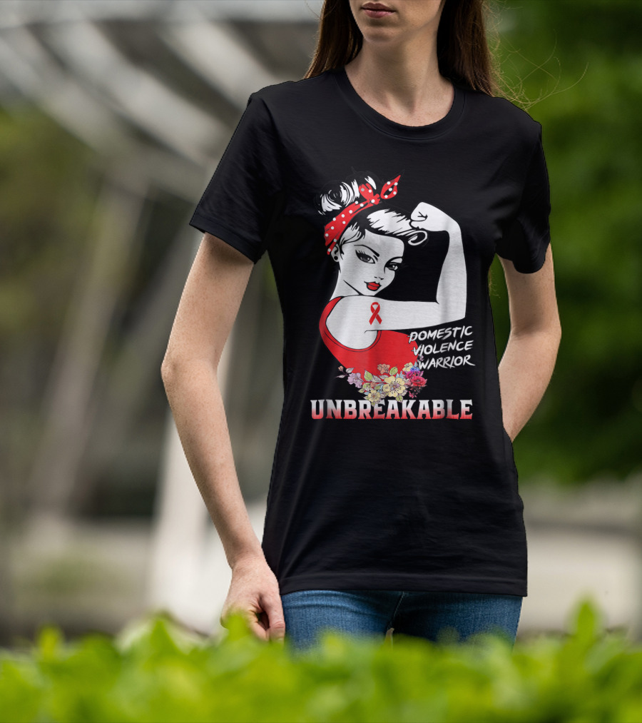 Domestic Violence Warrior Unbreakable Red Ribbon Rosie The Riveter Floral T-Shirt