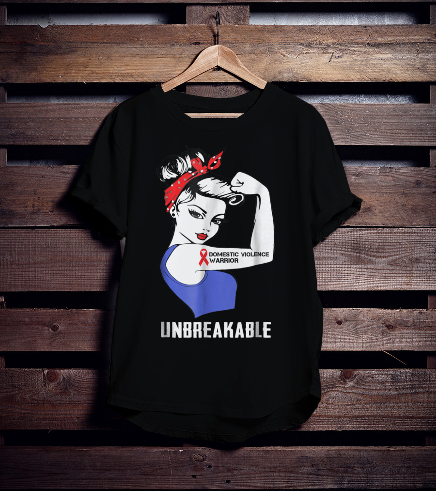 Domestic Violence Warrior Unbreakable Rosie Riveter Red Ribbon T-Shirt