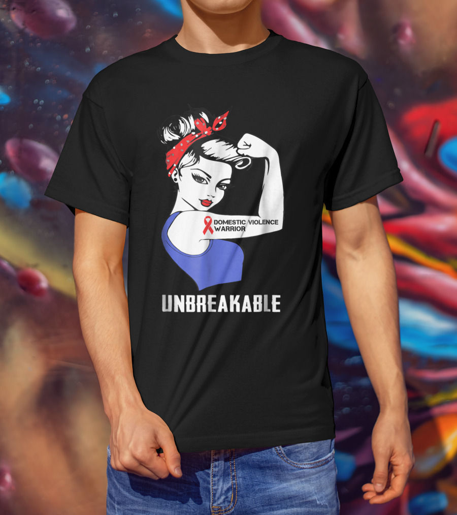 Domestic Violence Warrior Unbreakable Rosie Riveter Red Ribbon T-Shirt
