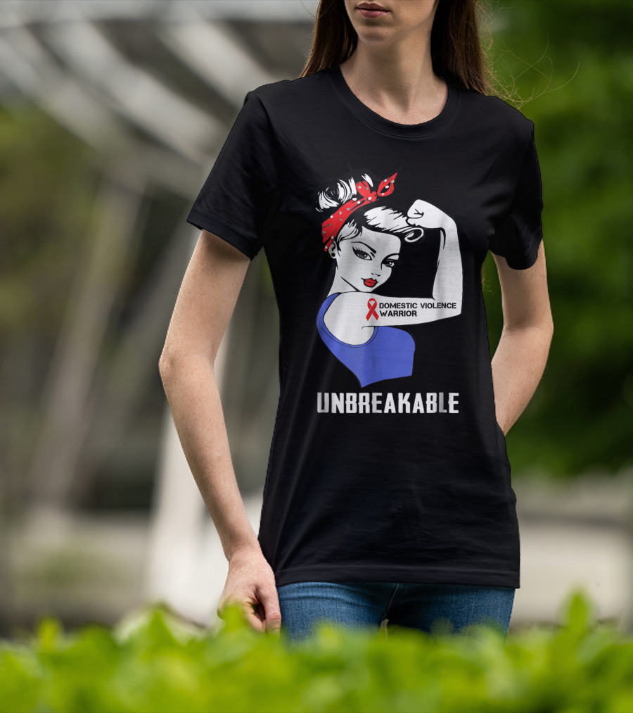 Domestic Violence Warrior Unbreakable Rosie Riveter Red Ribbon T-Shirt