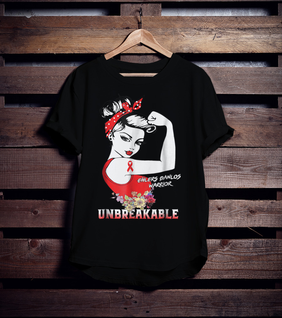 Ehlers Danlos Warrior Unbreakable Rosie The Riveter Style With Ribbon And Floral Elements T-Shirt