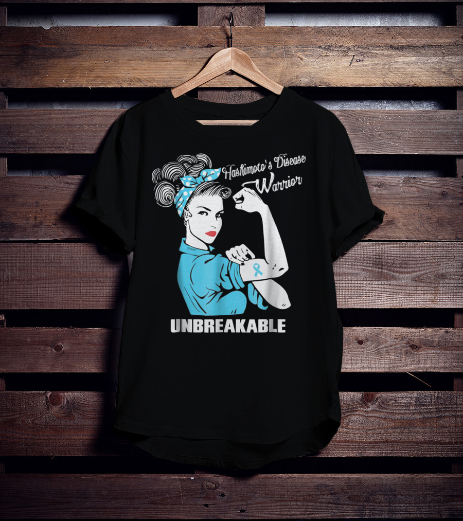 Hashimoto's Disease Warrior Unbreakable Rosie Riveter Style Blue Awareness T-Shirt