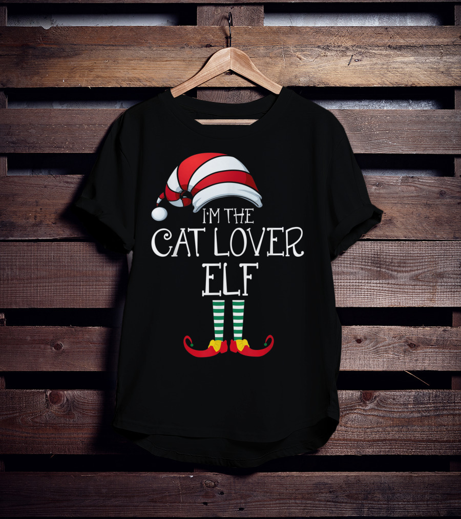 I'm The Cat Lover Elf Family Christmas Hat And Striped Socks T-Shirt