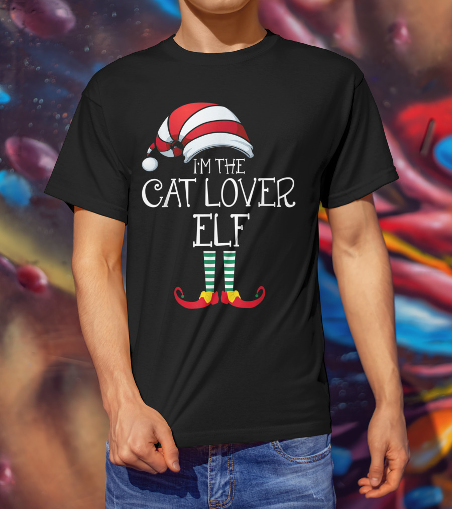 I'm The Cat Lover Elf Family Christmas Hat And Striped Socks T-Shirt
