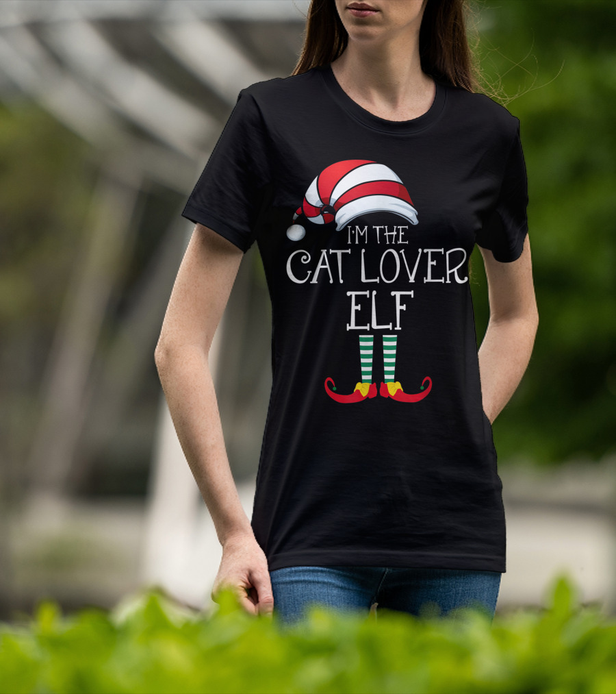 I'm The Cat Lover Elf Family Christmas Hat And Striped Socks T-Shirt