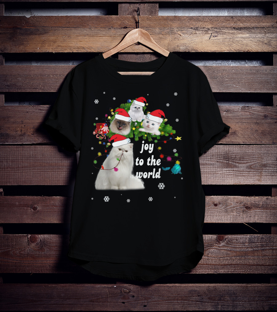 Joy To The World Christmas Cats With Santa Hats And Snowflakes T-Shirt