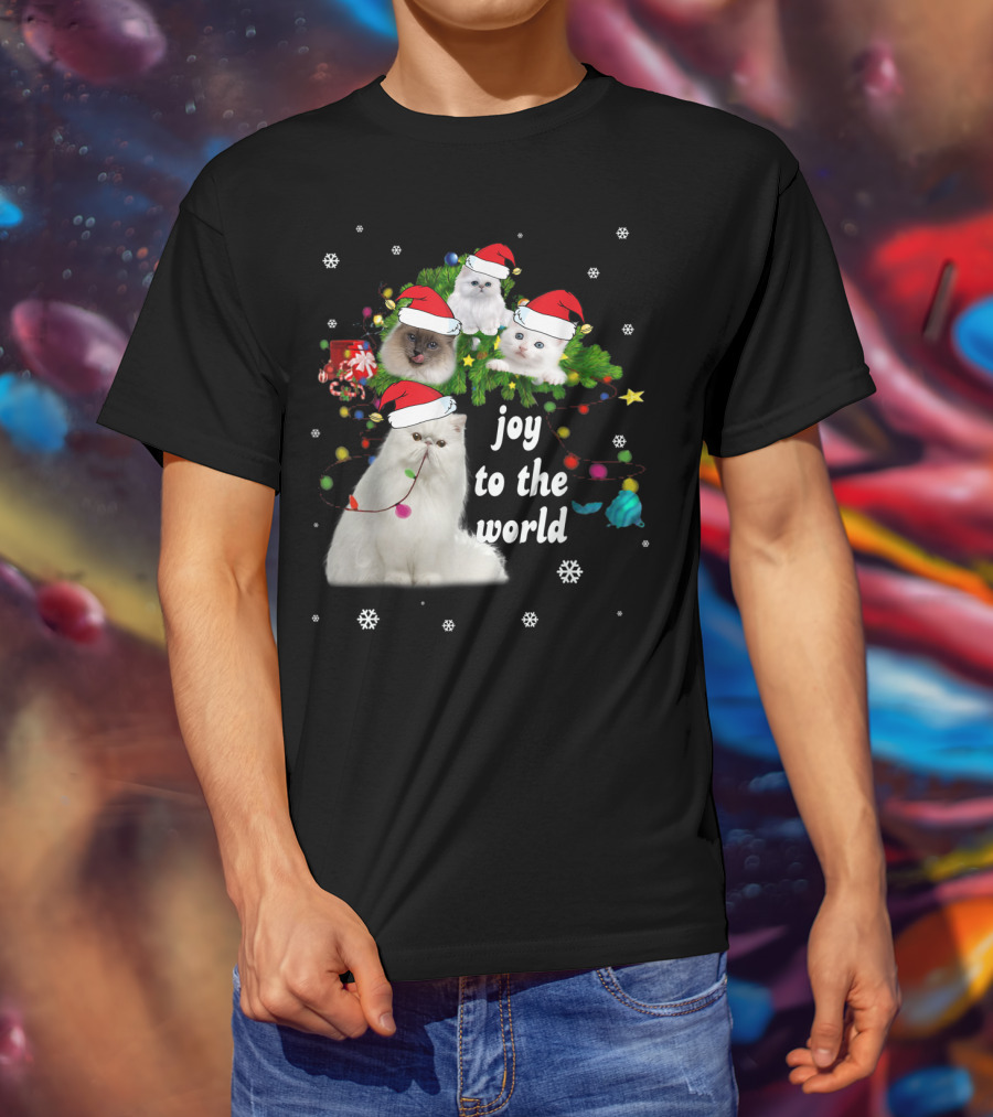 Joy To The World Christmas Cats With Santa Hats And Snowflakes T-Shirt