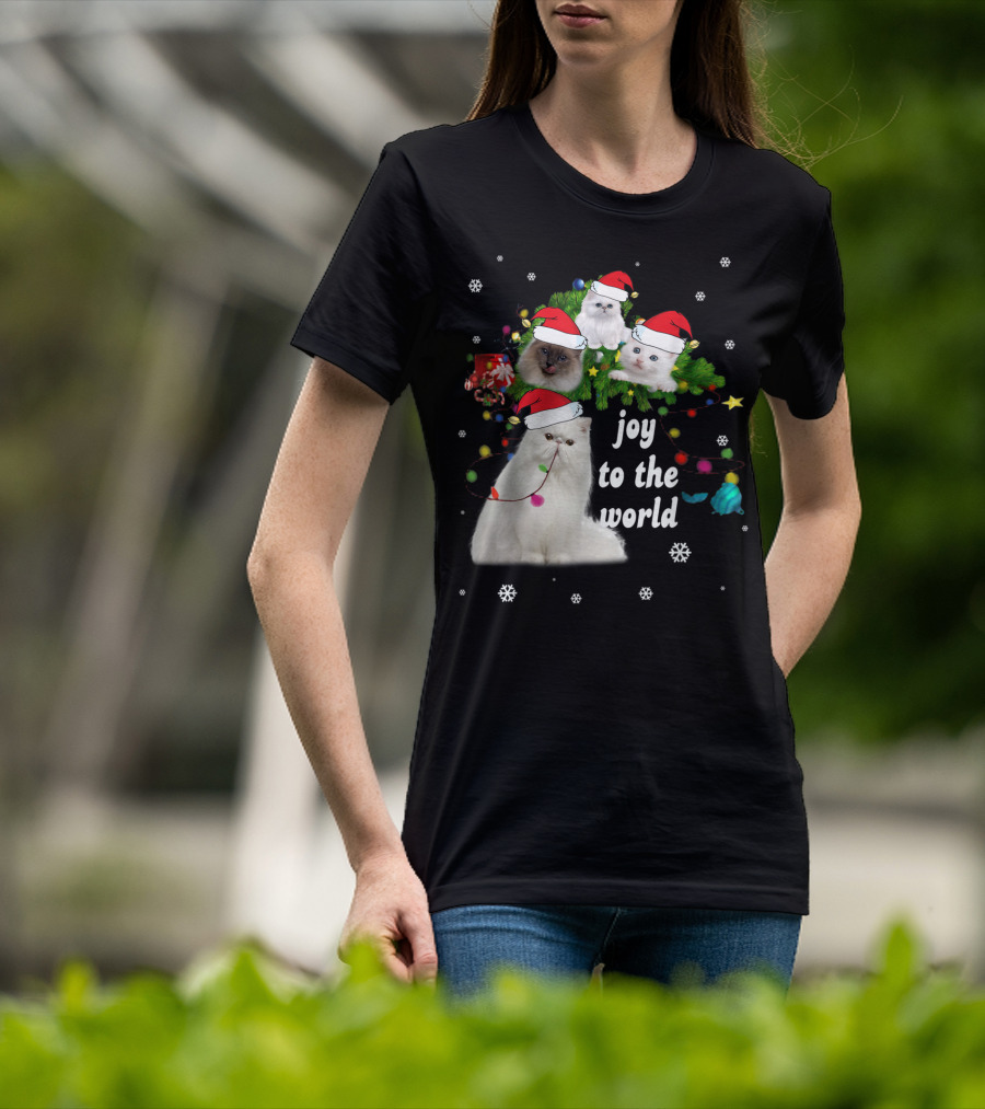 Joy To The World Christmas Cats With Santa Hats And Snowflakes T-Shirt