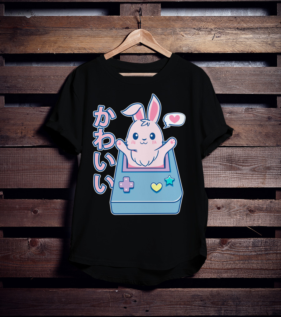 Kawaii Gamer Bunny Rabbit In Pastel Colors With Japanese Text And Game Console T-Shirt