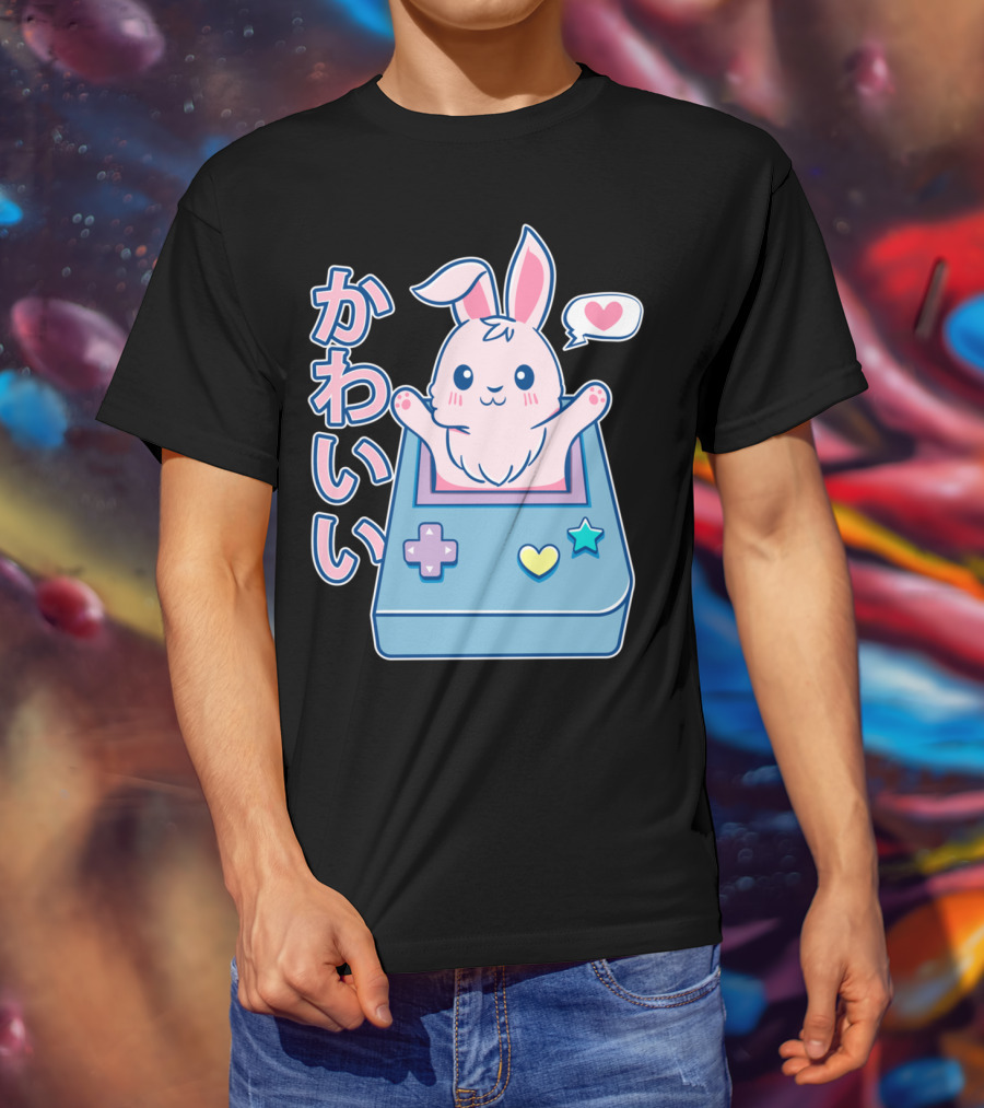Kawaii Gamer Bunny Rabbit In Pastel Colors With Japanese Text And Game Console T-Shirt