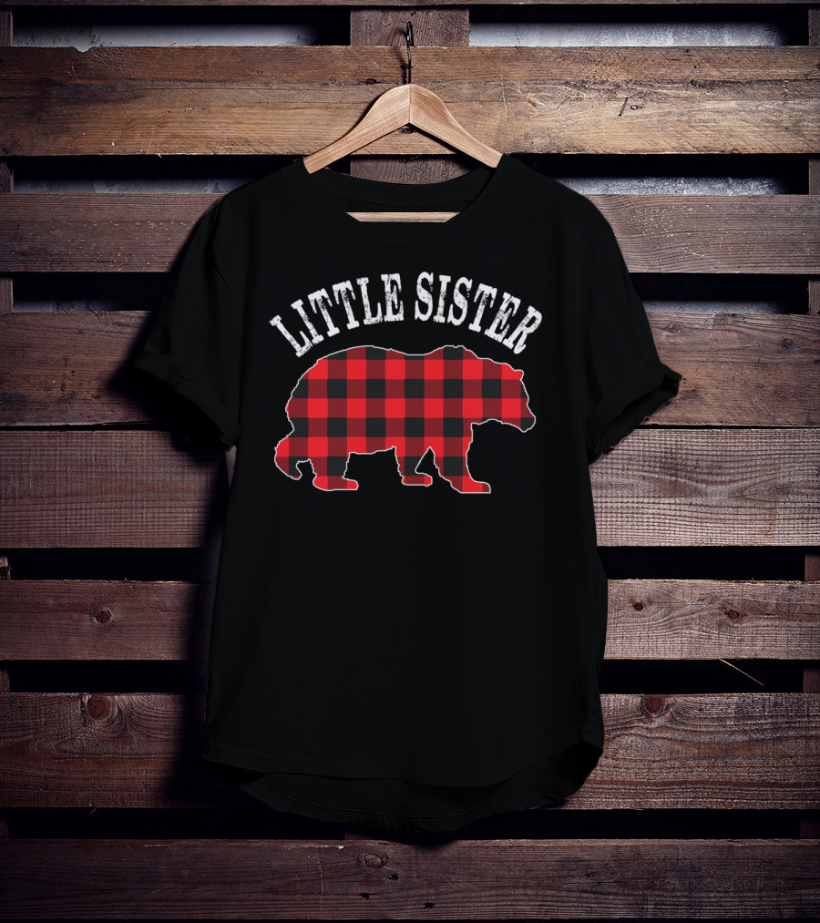Little Sister Red Black Buffalo Plaid Bear T-Shirt
