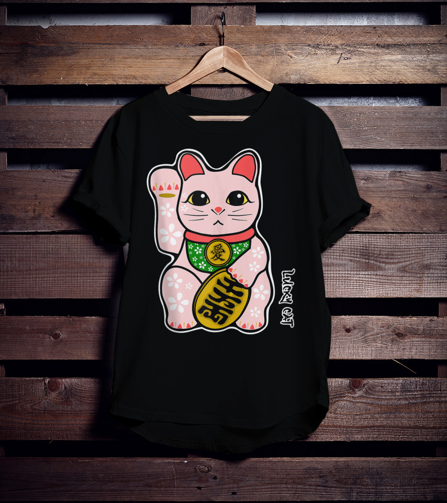 Lucky Cat Manekineko Japanese Love Prosperity Symbol Icon Floral T-Shirt