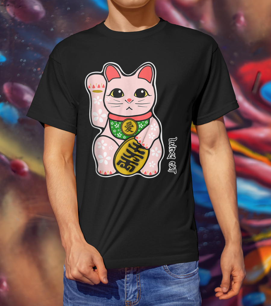 Lucky Cat Manekineko Japanese Love Prosperity Symbol Icon Floral T-Shirt