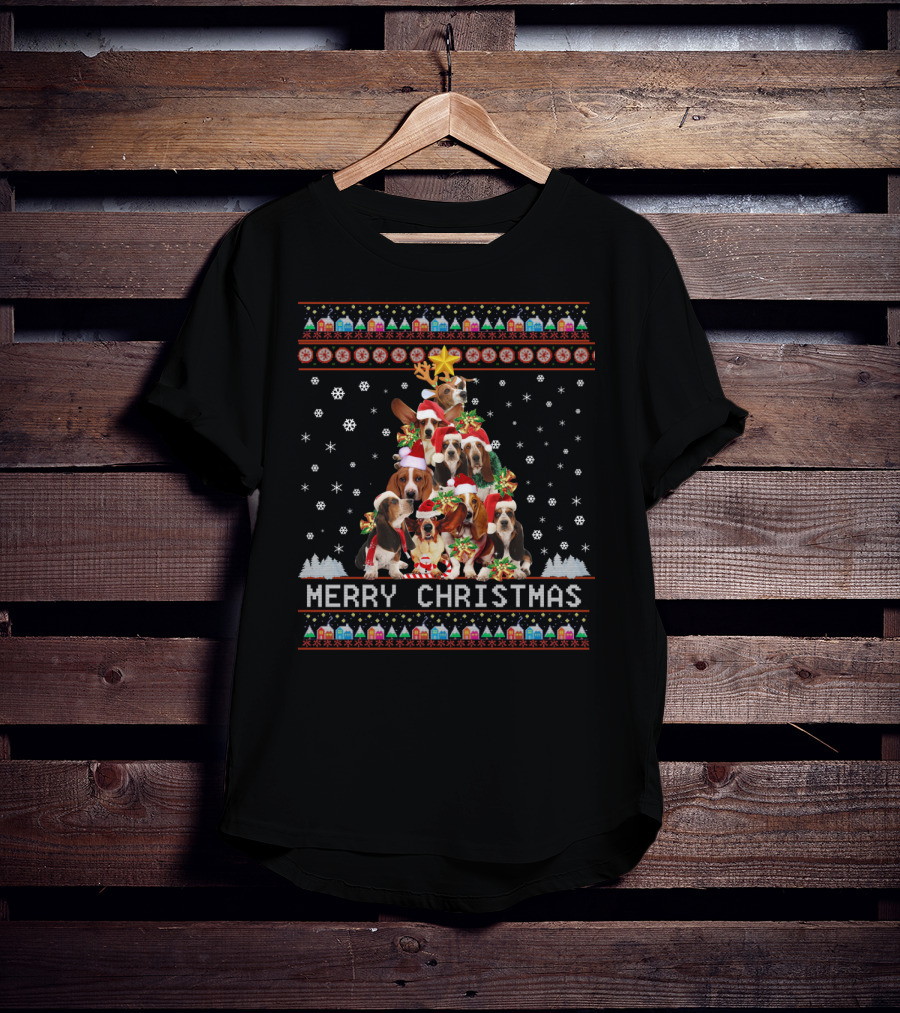 Merry Christmas Basset Hound Dogs In Festive Holiday Winter Wonderland With Snowflakes And Decorations T-Shirt