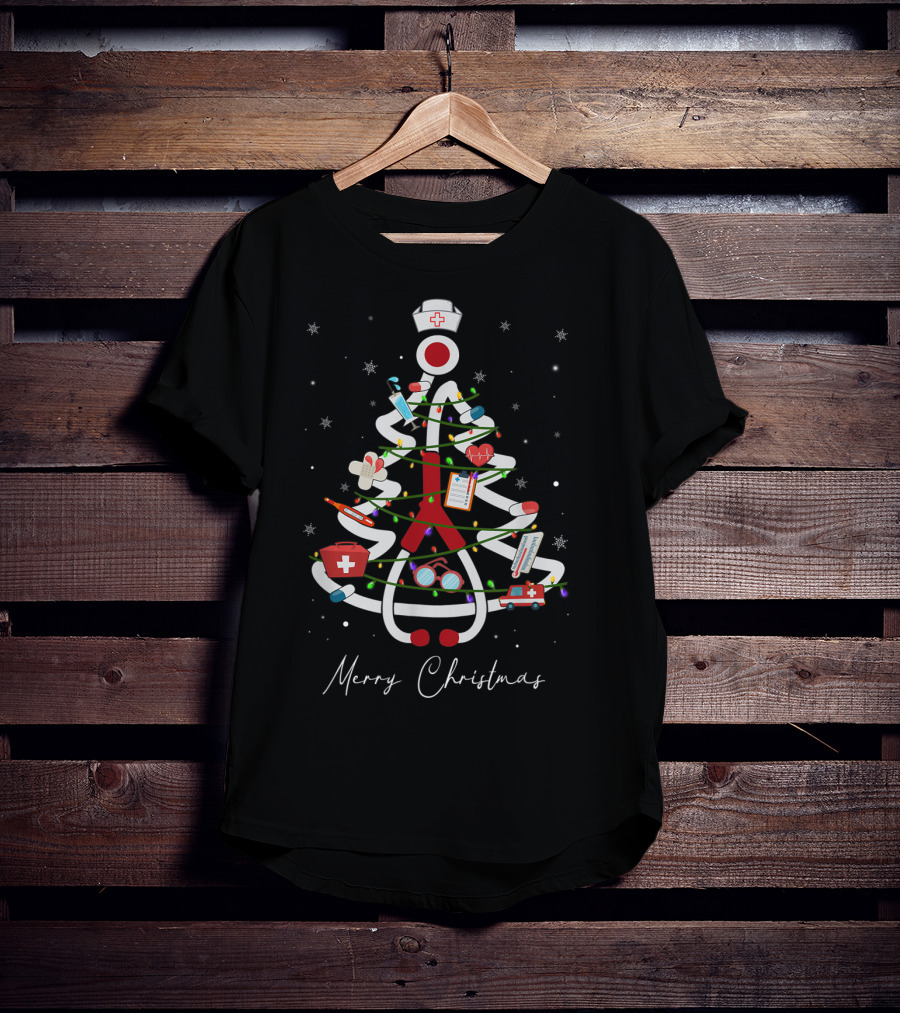Merry Christmas Nurse Stethoscope Xmas Tree Medical Holiday Decorations T-Shirt