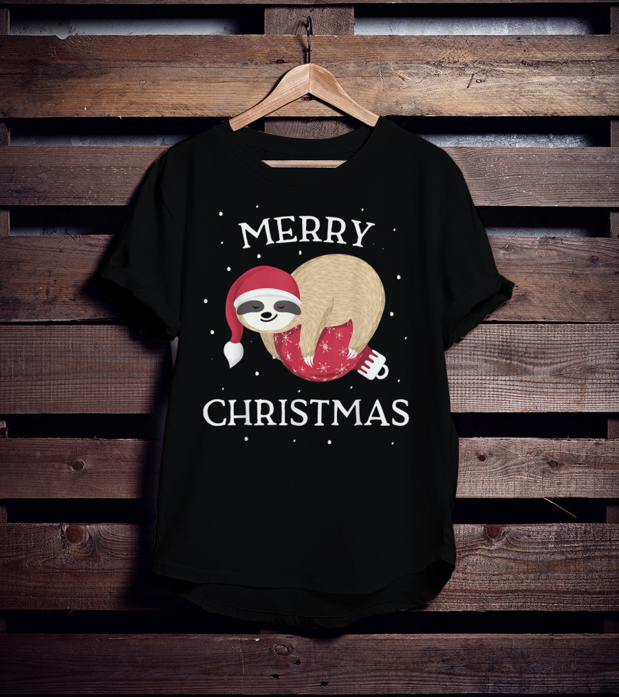 Merry Christmas Sloth Santa Hat Snowflakes T-Shirt