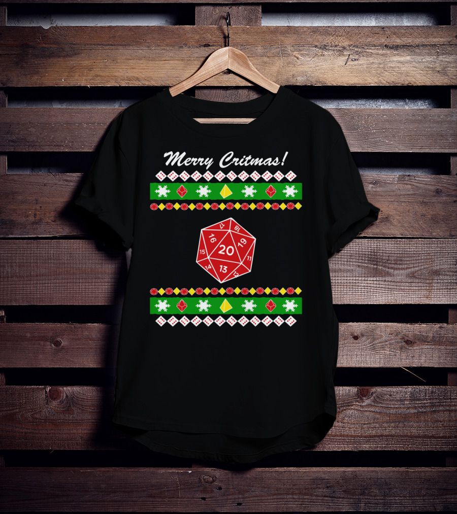 Merry Critmas 20-Sided Dice Dungeon Holiday Game Snowflakes T-Shirt