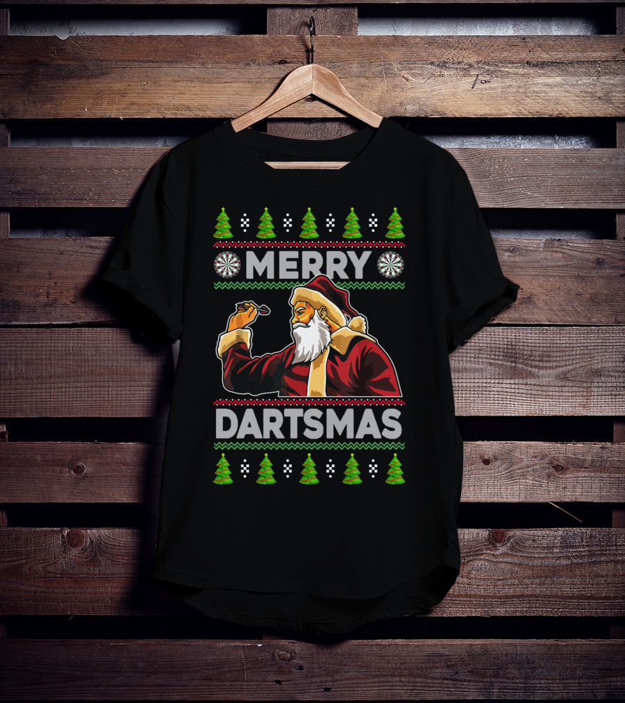 Merry Dartmas Santa Claus Playing Darts With Christmas Trees And Snowflakes T-Shirt