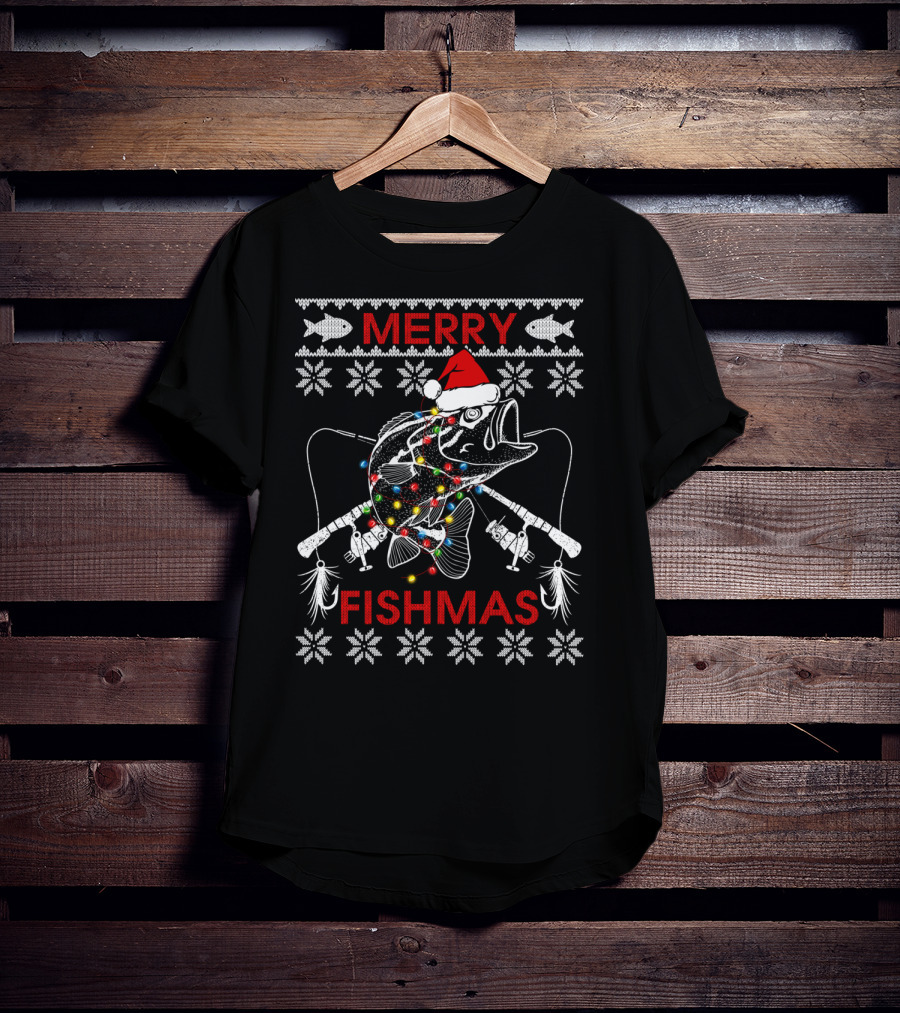 Merry Fishmas Ugly Xmas Santa Hat Bass With Fishing Rods And Lights T-Shirt